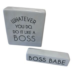 Boss Babe White Ceramic Glossy Desk Plaques Set of 2 Decor Paper Weight 2 Sided